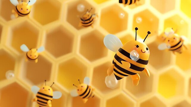 Cute cartoon bees flying in a honey hive animation