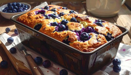 A freshly baked cake with blueberries in a loaf pan, resting on a wooden surface with a bowl of blueberries