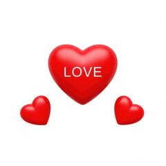 Three red hearts with love text on large heart isolated on transparent background