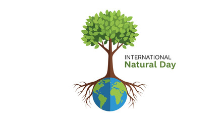 Illustration of a tree growing out of the Earth on International Natural Day, symbolizing nature conservation and environmental protection with a green earth vector and eco-friendly design.