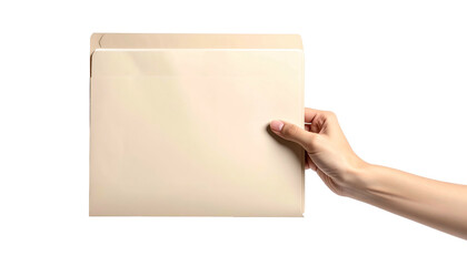 A hand holds a beige manila folder, slightly open, against a black background