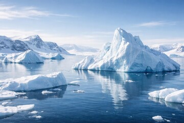 Serene Arctic seascape with large icebergs floating in calm blue water, snowy mountains in the background, clear sky, cold polar environment, natural ice formations, and pristine wilderness atmosphere