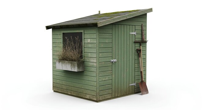 A small green wooden shed with a shovel and window box outside