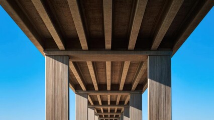 Obraz premium Underneath a concrete highway overpass, ribbed columns and beams extend into the distance against a bright blue sky. Concept Urban Underpass Geometry, Ribbed Concrete Columns, Linear Perspective