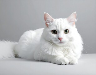 Fototapeta premium A fluffy, all-white feline lies serenely, its emerald eyes gazing forward. The animal rests on a neutral surface with a grey background