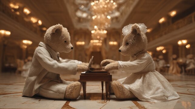 A teddy bear playing a tiny piano serenading another teddy bear in a grand ballroom, elegant romance, 8k, realistic, full ultra HD, high resolution, cinematic photography