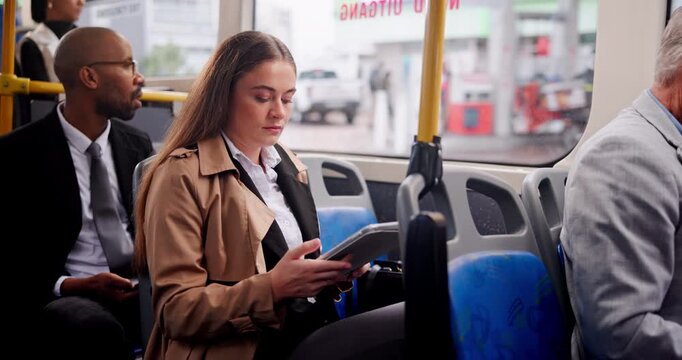 Business, woman and tablet on bus for communication with internet scroll, social media and morning commute in city. Person, professional and tech for travel with search, online research and typing