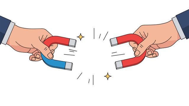Hands holding powerful horseshoe magnets to illustrate business attraction, client acquisition, magnetizing customers, and lead generation.