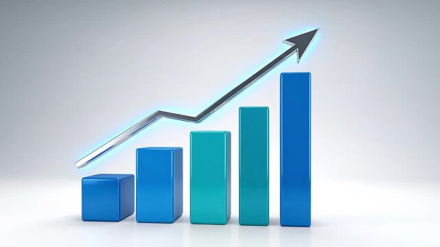 Upward trending bar graph and arrow symbolize business growth and financial success on a gradient background.