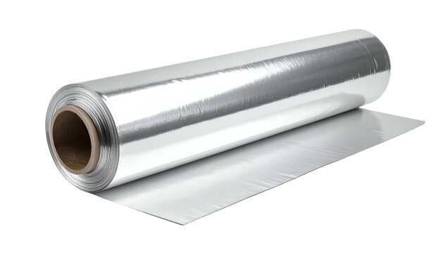 Shiny roll of metallic kitchen wrap, partially unrolled on a dark background