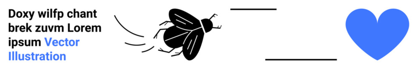 Nature concepts, love symbols, eco-awareness, graphic design, sustainability, modern art. A black insect flying toward a blue heart. Nature concepts and love symbols in a minimalist theme