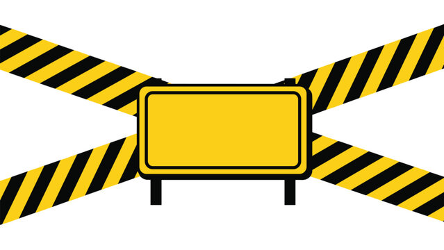 Yellow and black caution tapes crossing behind a blank yellow sign board representing warning, construction, or restricted area.
