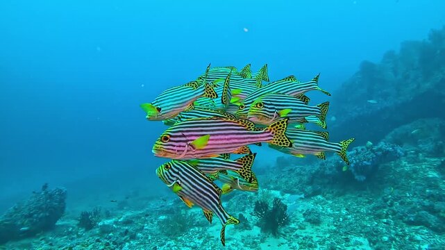 Colorful striped fish swim gracefully through clear blue ocean waters, showcasing vibrant patterns and movements near coral reefs and underwater vegetation