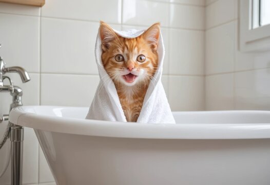 Orange cat wrapped in towel sits in bathtub and looks at the camera