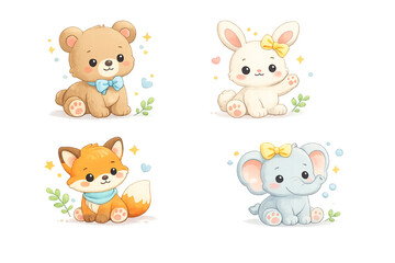 Obraz premium Adorable Watercolor Baby Animals Set: Whimsical Collection of Cute Bear, Bunny, Fox, and Elephant Illustrations with Sparkle and Glow Effects, Perfect for Nursery Decor and Kids' Birthday Cards.