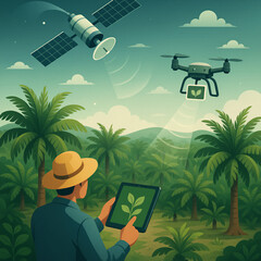 Man with tablet monitoring palms in lush tropical hills under soft pastel sky