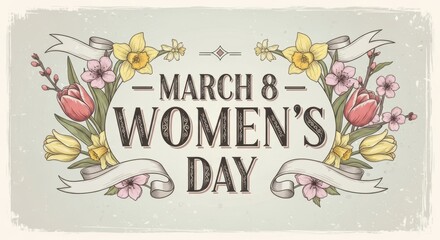 Fototapeta premium Happy Womens Day Elegant Poster with Luxury Hand Lettered Calligraphy and Floral Spring Design