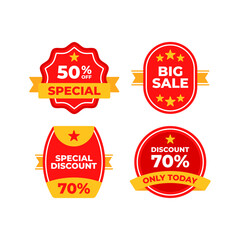 Sale badges and stickers with special discount information.