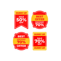 Four red and yellow discount sale labels.