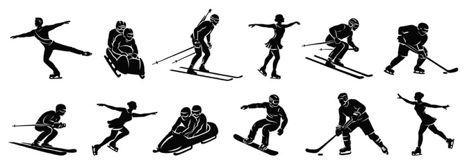Obraz premium Black vector silhouettes set of winter sports athletes. Skiing, skating, hockey, bobsleigh, snowboarding actions. International winter games theme. Isolated flat illustration collection.