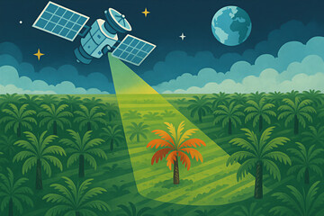 Satellite Beam Illuminating Palm Tree in Serene Field under Starry Sky