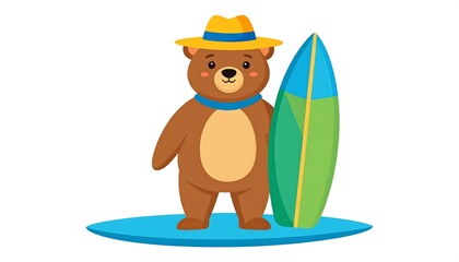 A friendly bear, wearing a yellow hat, holds a surfboard while standing on a blue oval. Its features are cartoon-like and cheerful