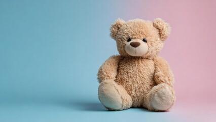 Obraz premium A beige teddy bear plush sitting on a pastel blue and pink gradient background. Concept Teddy Bear Portrait, Plush Toy, Pastel Gradient Backdrop, Cute Studio Shot, Whimsical Props