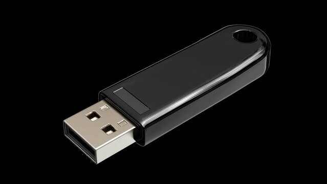 A glossy black USB flash drive with a silver USB-A connector on a black background. Concept USB flash drive, black-on-black product photography, glossy finish, metallic USB-A connector