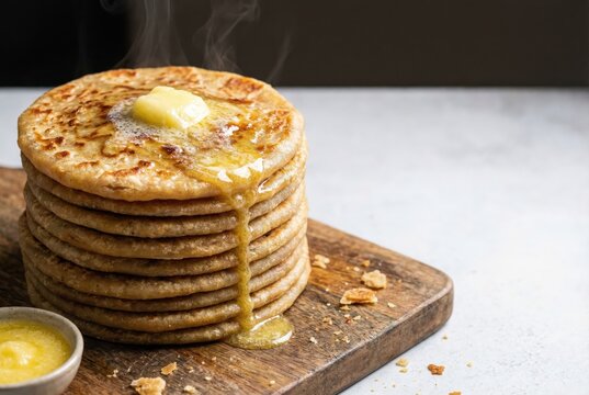 Stack of fresh hot parathas with melting butter