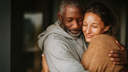 Obraz premium Diverse couple embracing, showing intimacy and peaceful love