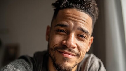 Fototapeta premium Close-up of a smiling man with short curly hair, looking at the camera near a window. Concept Close-up portrait, Smiling man, Short curly hair, Window light portrait, Candid warmth