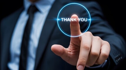 Fototapeta premium Businessman Touching Virtual Thank You Button for Gratitude and Professional Appreciation