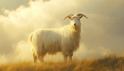 Fototapeta premium Majestic white goat standing gracefully in a lush meadow under a soft cloudy sky