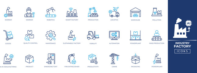 Factory and industrial production line icon set - Machinery, Engineering, Logistic, Distribution, Maintenance, Warehouse logistics, and automation symbols. © SokretiRani