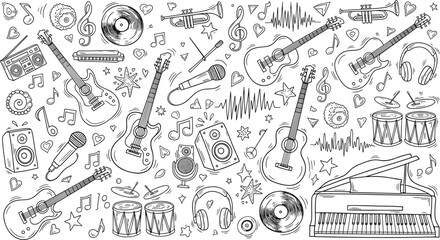 Hand drawn music doodle collection with guitars, piano, drums, headphones, vinyl records and notes seamless vector background illustration detailed line art © Nayan