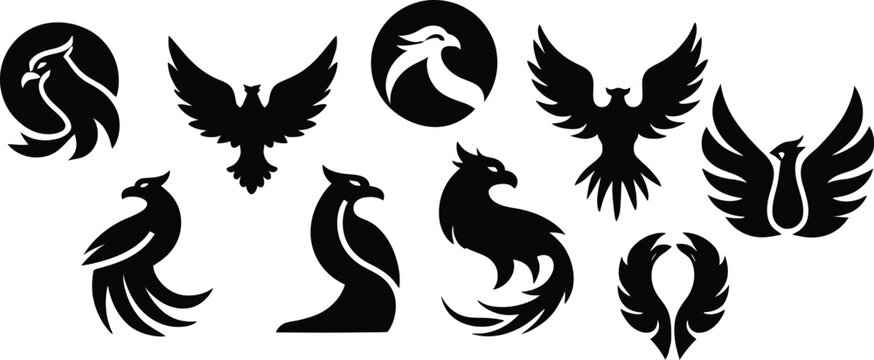 Silhouette style phoenix icon set minimal vector art illustration on a white background
