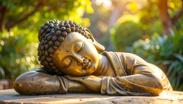 A golden, serene statue of a reclined figure rests outdoors, bathed in sunlight against a backdrop of green foliage
