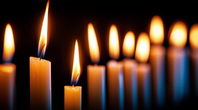 A row of thin wax candles on a dark background, burning with a blessed fire.