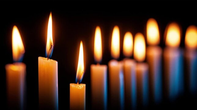 A row of thin wax candles on a dark background, burning with a blessed fire.