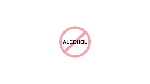 Red prohibition sign over the word alcohol on a white background, symbolizing no alcohol policy, sobriety, or abstinence.