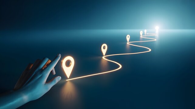 Hand Selecting Glowing GPS Map Pins on a Strategic Success Path
