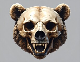 A frontal, detailed artistic depiction of a bear skull with fur. The skull is brown-beige, highlighting bony structure & sharp teeth