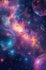 Naklejka premium A vibrant and colorful depiction of a cosmic nebula with glowing orbs and swirling gases