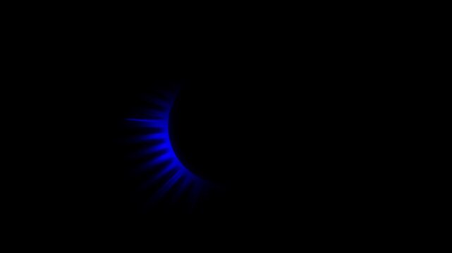 Blue eclipse with glowing rays on black background, abstract space event animation