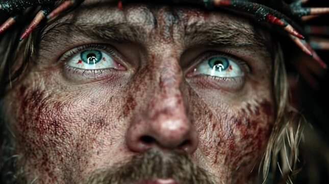 Close-up of the tortured face of Jesus Christ wearing a crown of thorns.