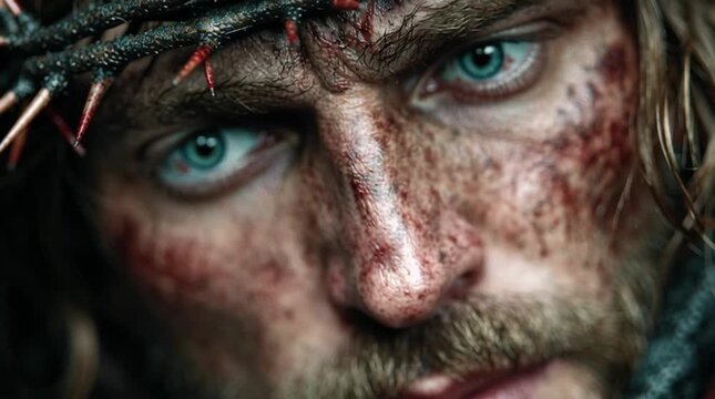 Close-up of the tortured face of Jesus Christ wearing a crown of thorns.