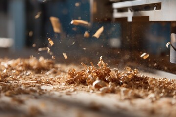 Close-Up View of Wood Cutting Machine with Sawdust in Motion
