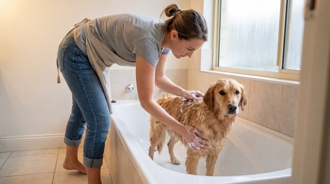 Woman washing golden retriever dog in bathtub indoors  