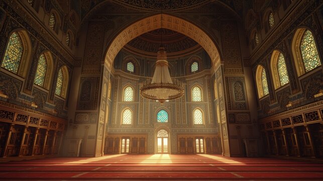 Grand interior of a historic mosque with ornate arches and chandelier lighting the prayer hall