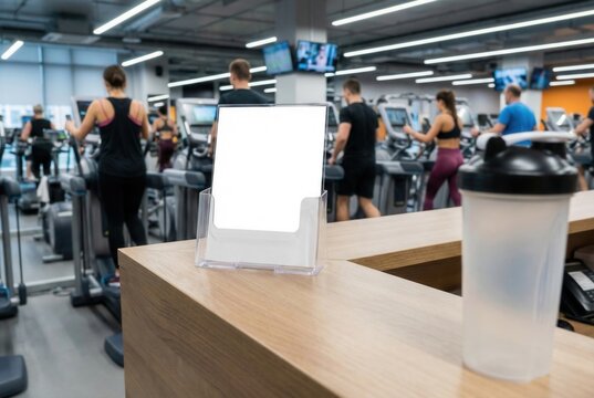 Blank flyer mockup on gym reception desk with people exercising